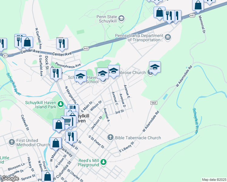 map of restaurants, bars, coffee shops, grocery stores, and more near 48 Avenue C in Schuylkill Haven