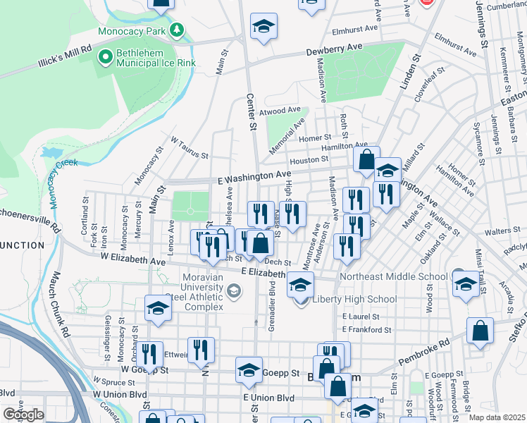 map of restaurants, bars, coffee shops, grocery stores, and more near 1500 Center Street in Bethlehem