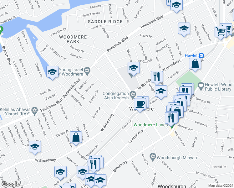 map of restaurants, bars, coffee shops, grocery stores, and more near 320 Longacre Avenue in Woodmere
