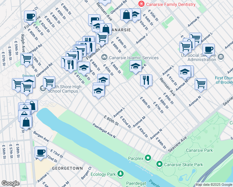 map of restaurants, bars, coffee shops, grocery stores, and more near 1120 East 84th Street in Brooklyn