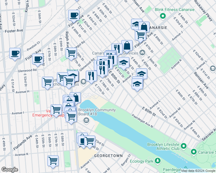 map of restaurants, bars, coffee shops, grocery stores, and more near 946 East 78th Street in Brooklyn