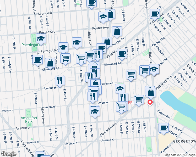 map of restaurants, bars, coffee shops, grocery stores, and more near 1130 East 51st Street in Brooklyn