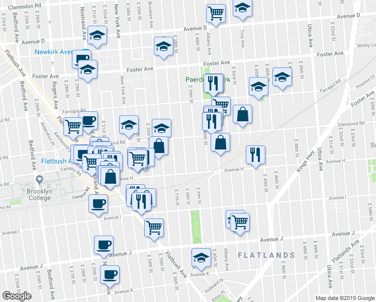 map of restaurants, bars, coffee shops, grocery stores, and more near 960 East 39th Street in Brooklyn