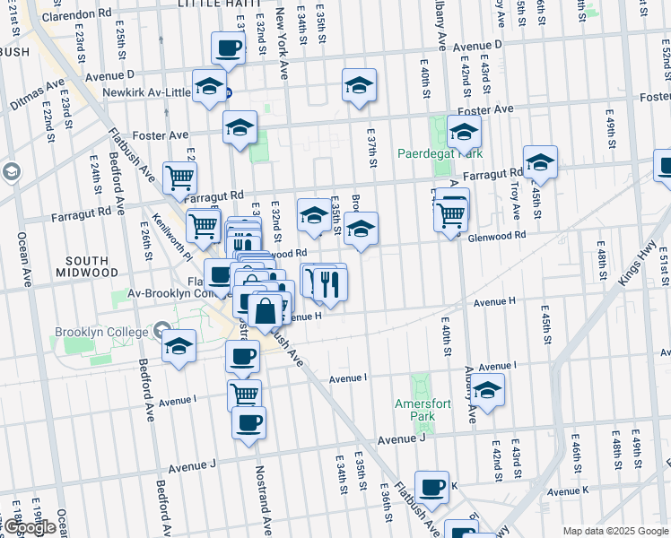 map of restaurants, bars, coffee shops, grocery stores, and more near 867 East 35th Street in Brooklyn