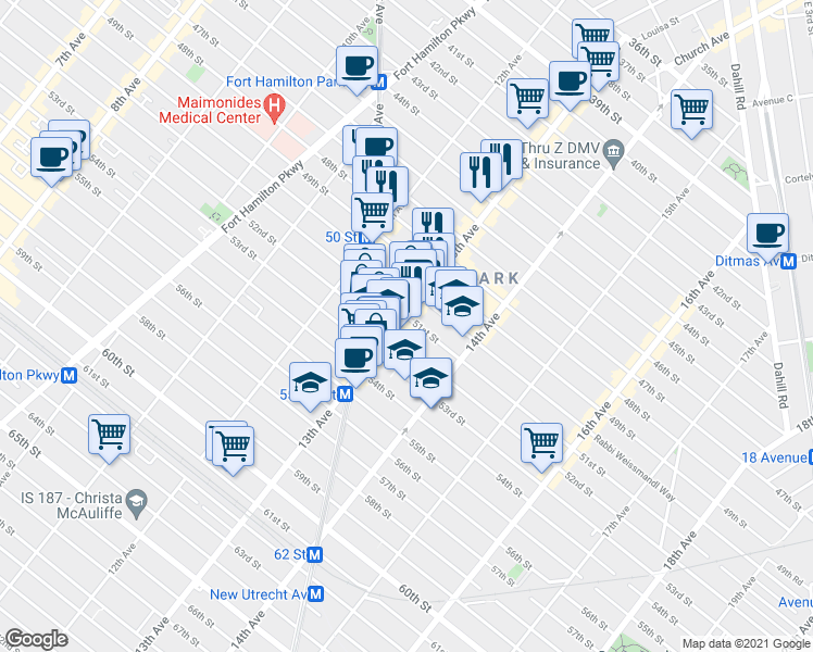 map of restaurants, bars, coffee shops, grocery stores, and more near 5115 13th Avenue in Brooklyn