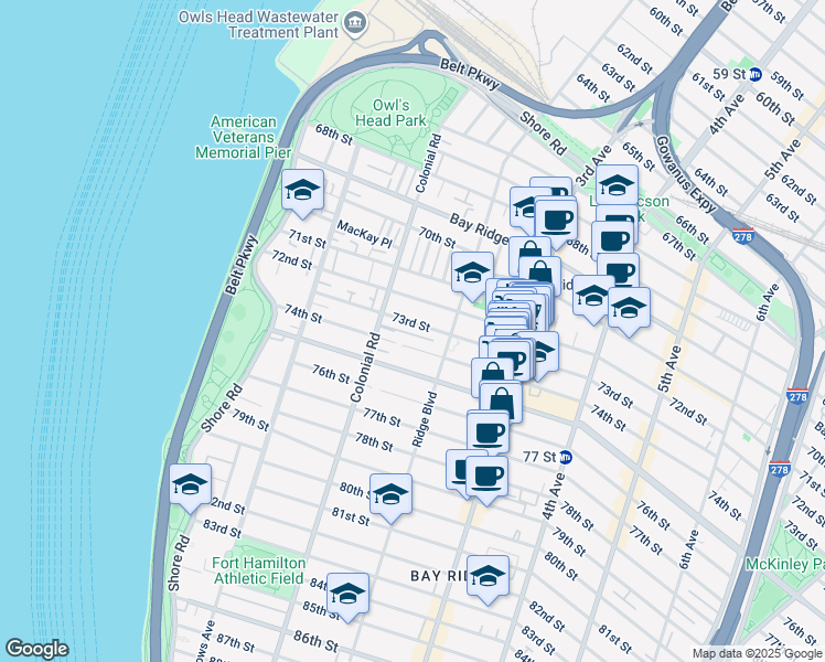 map of restaurants, bars, coffee shops, grocery stores, and more near 174 73rd Street in Brooklyn