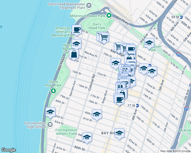 map of restaurants, bars, coffee shops, grocery stores, and more near 7302 Colonial Road in Brooklyn