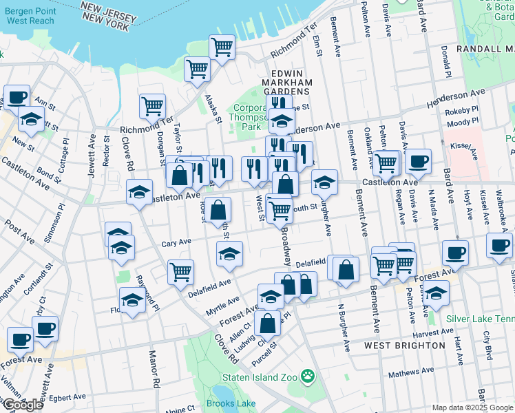 map of restaurants, bars, coffee shops, grocery stores, and more near 25 West Street in Staten Island