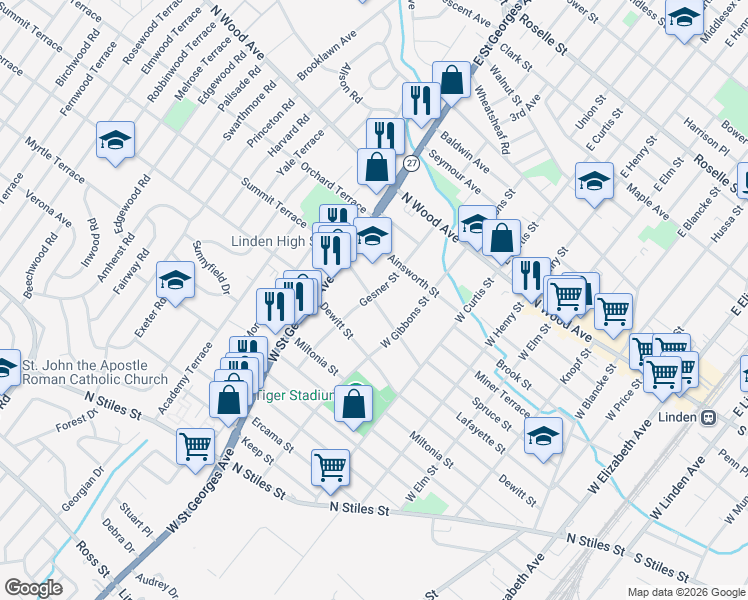map of restaurants, bars, coffee shops, grocery stores, and more near 830 Summit Street in Linden