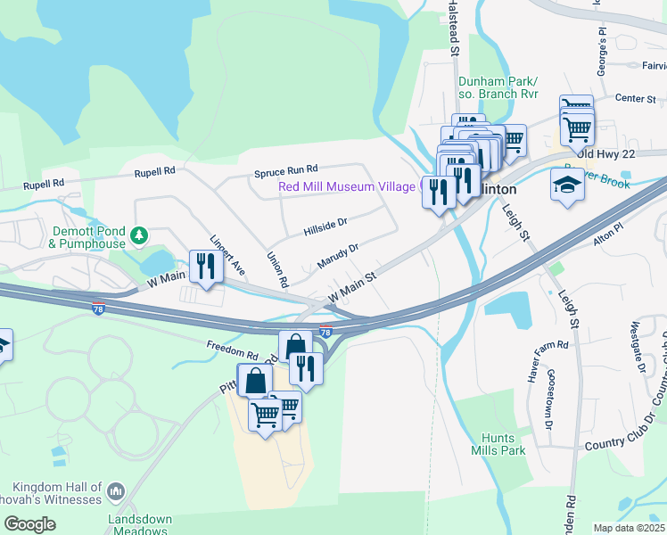 map of restaurants, bars, coffee shops, grocery stores, and more near 14 Marudy Drive in Clinton