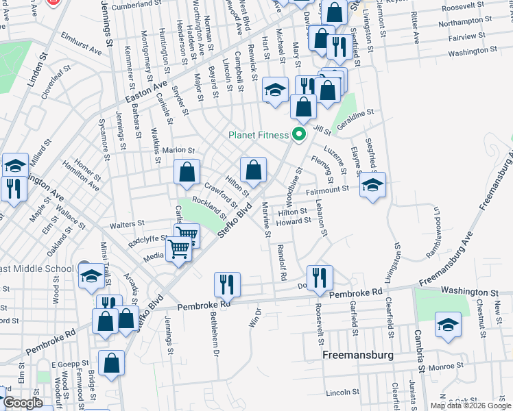map of restaurants, bars, coffee shops, grocery stores, and more near 1438 Stefko Boulevard in Bethlehem