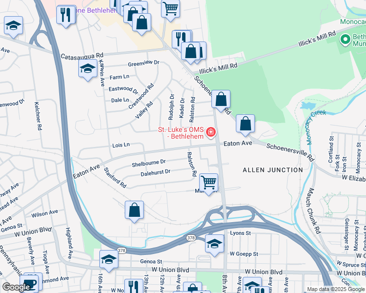 map of restaurants, bars, coffee shops, grocery stores, and more near 1210 Eaton Avenue in Bethlehem