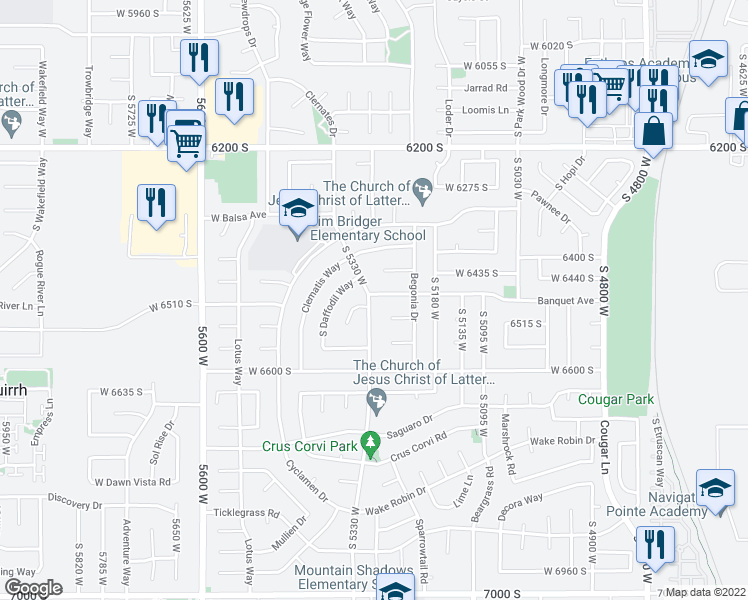 map of restaurants, bars, coffee shops, grocery stores, and more near 6477 Clernates Drive in West Jordan