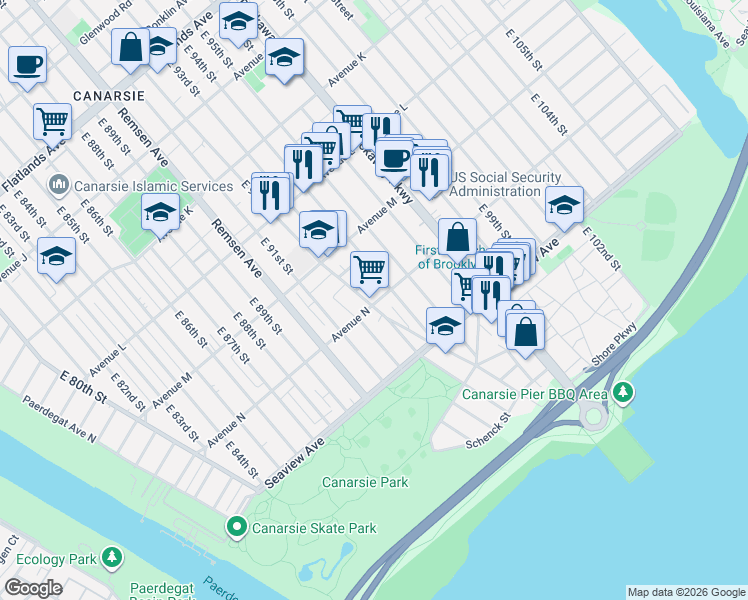 map of restaurants, bars, coffee shops, grocery stores, and more near 1595 Canarsie Rd in Brooklyn