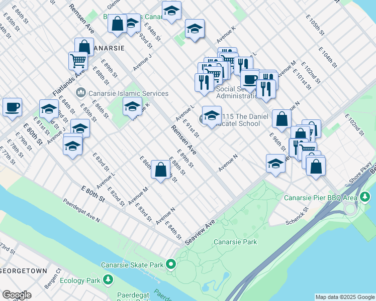 map of restaurants, bars, coffee shops, grocery stores, and more near 8917 Avenue M in Brooklyn