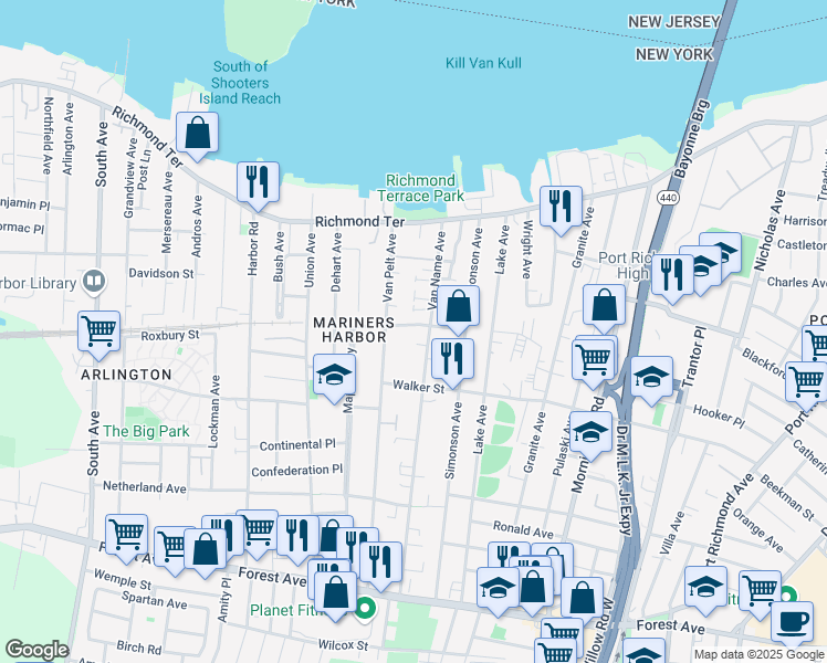 map of restaurants, bars, coffee shops, grocery stores, and more near 54 Heusden Street in Staten Island