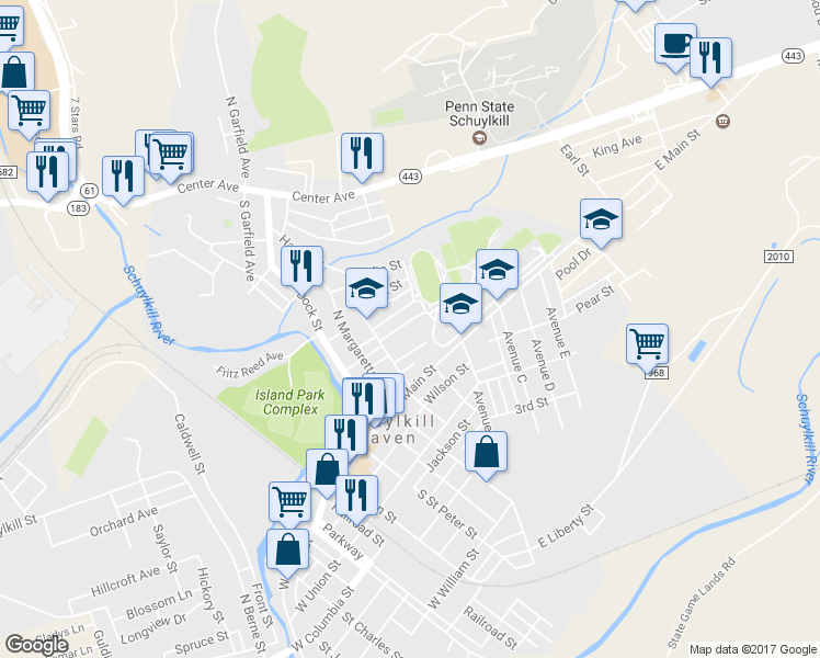 map of restaurants, bars, coffee shops, grocery stores, and more near 228 Paxson Avenue in Schuylkill Haven