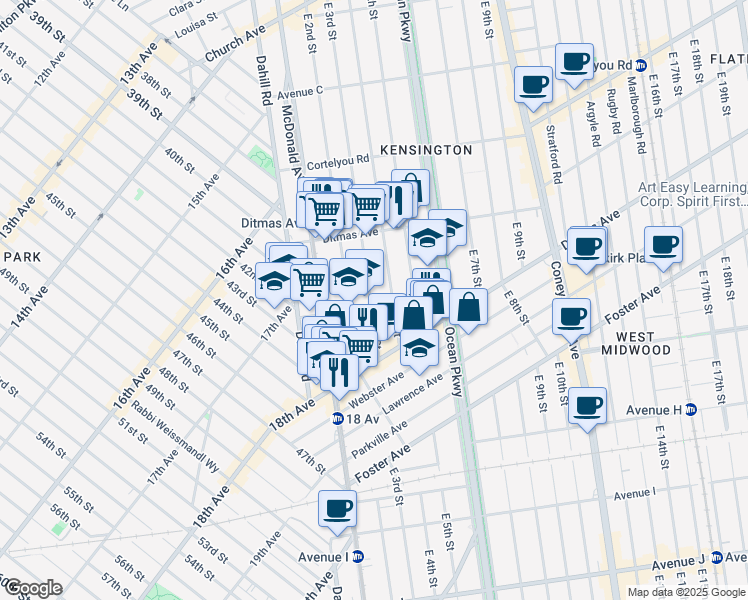 map of restaurants, bars, coffee shops, grocery stores, and more near 749 East 3rd Street in Brooklyn