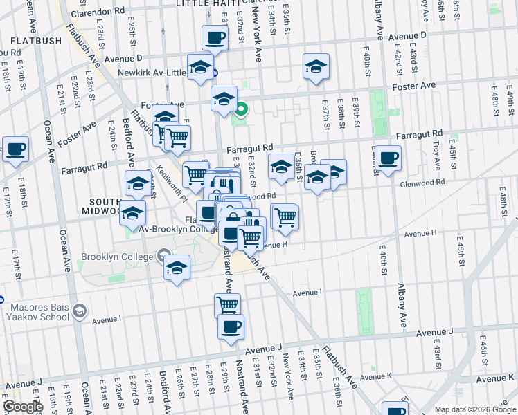 map of restaurants, bars, coffee shops, grocery stores, and more near 715 East 32nd Street in Brooklyn