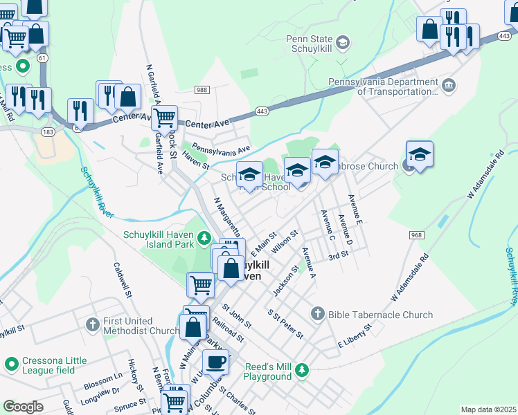 map of restaurants, bars, coffee shops, grocery stores, and more near 226 Paxson Avenue in Schuylkill Haven