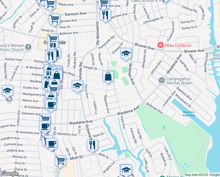 map of restaurants, bars, coffee shops, grocery stores, and more near 269 Arch Street in Oceanside