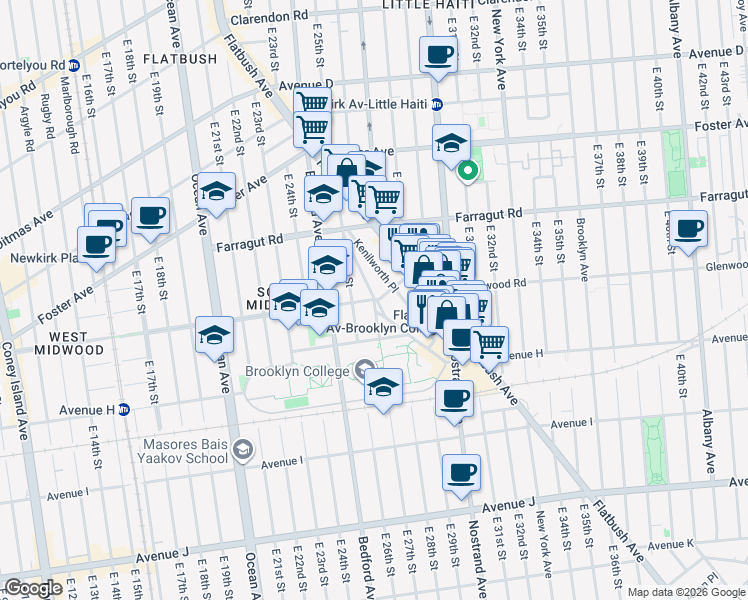 map of restaurants, bars, coffee shops, grocery stores, and more near Glenwood Road & East 27th Street in Brooklyn