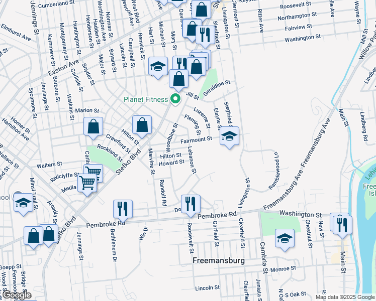 map of restaurants, bars, coffee shops, grocery stores, and more near 1405 Lebanon Street in Bethlehem