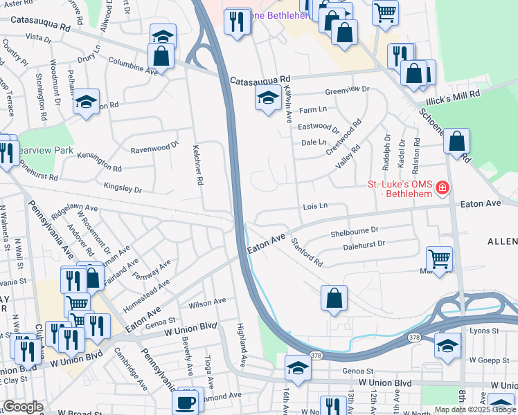 map of restaurants, bars, coffee shops, grocery stores, and more near 1670 Lois Lane in Bethlehem
