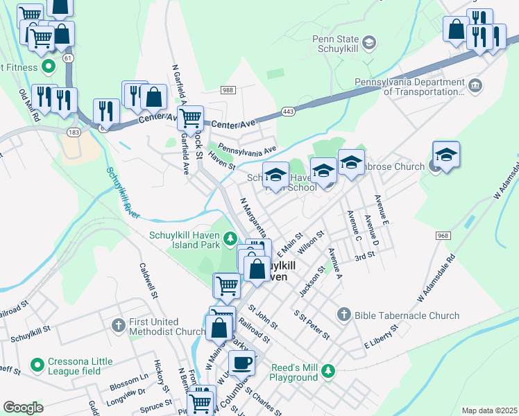 map of restaurants, bars, coffee shops, grocery stores, and more near 121 Haven Street in Schuylkill Haven
