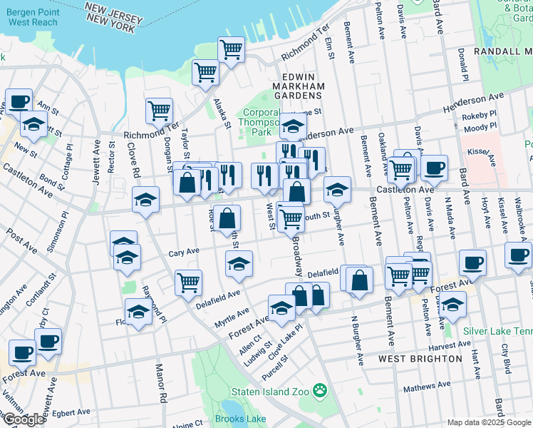 map of restaurants, bars, coffee shops, grocery stores, and more near 25 West Street in Staten Island