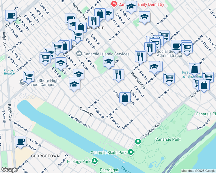 map of restaurants, bars, coffee shops, grocery stores, and more near 1176 East 86th Street in Brooklyn