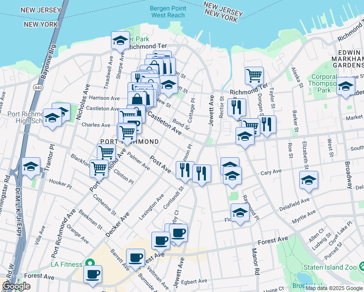 map of restaurants, bars, coffee shops, grocery stores, and more near 19 Anderson Avenue in Staten Island