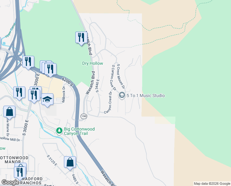 map of restaurants, bars, coffee shops, grocery stores, and more near 6458 South Canyon Cove Drive in Holladay