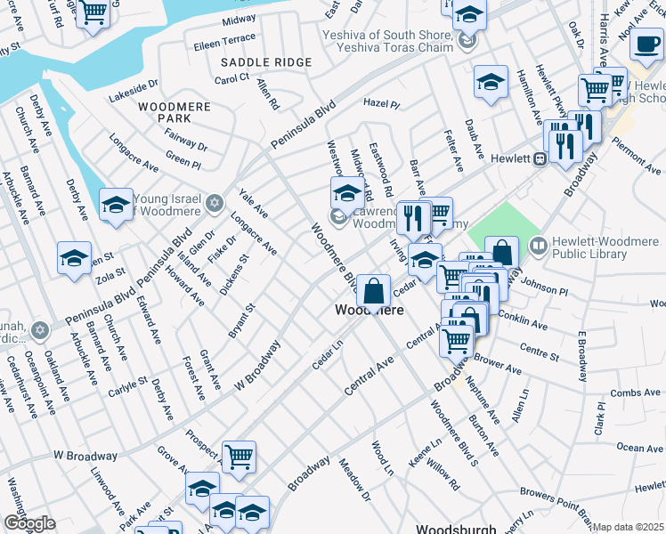 map of restaurants, bars, coffee shops, grocery stores, and more near 251 Woodmere Boulevard in Woodmere