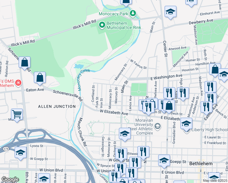 map of restaurants, bars, coffee shops, grocery stores, and more near 1452 Monocacy Street in Bethlehem