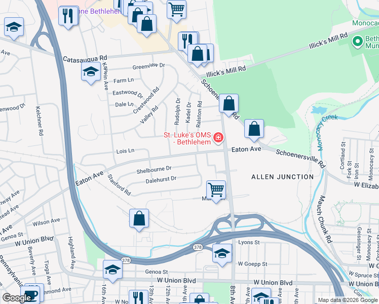 map of restaurants, bars, coffee shops, grocery stores, and more near 1210 Eaton Avenue in Bethlehem