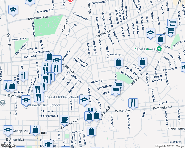 map of restaurants, bars, coffee shops, grocery stores, and more near 1516 Sycamore Street in Bethlehem