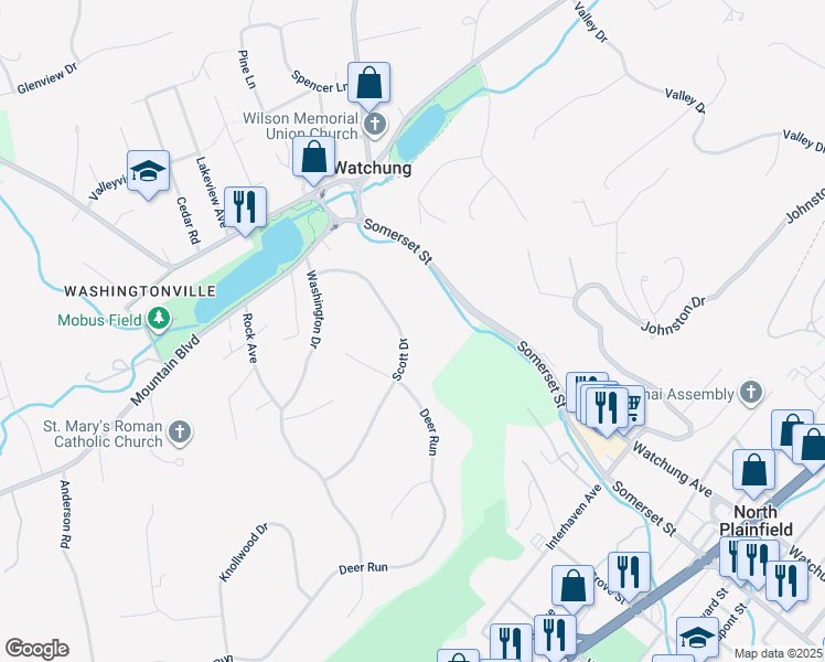 map of restaurants, bars, coffee shops, grocery stores, and more near 85 Scott Drive in Watchung