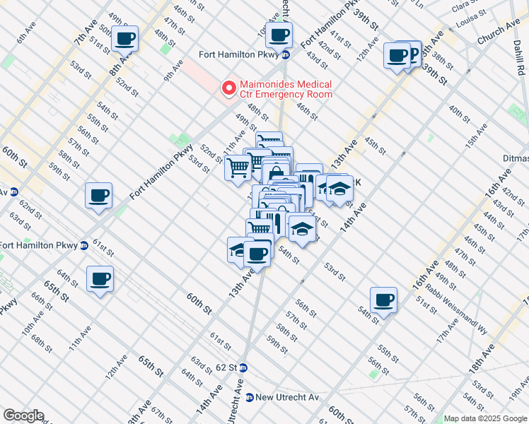 map of restaurants, bars, coffee shops, grocery stores, and more near 1237 53rd Street in Brooklyn