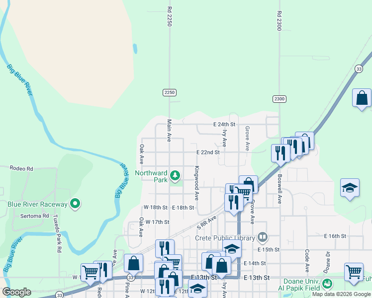 map of restaurants, bars, coffee shops, grocery stores, and more near 2206 Linden Avenue in Crete
