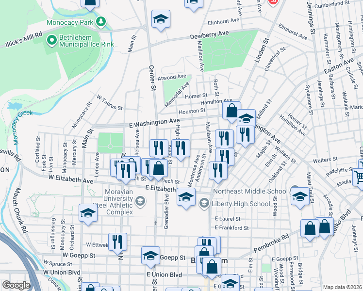 map of restaurants, bars, coffee shops, grocery stores, and more near 1501 High Street in Bethlehem