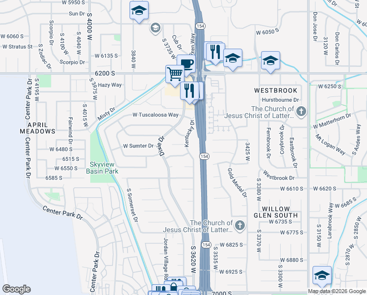 map of restaurants, bars, coffee shops, grocery stores, and more near 6468 Kentucky Drive in West Jordan