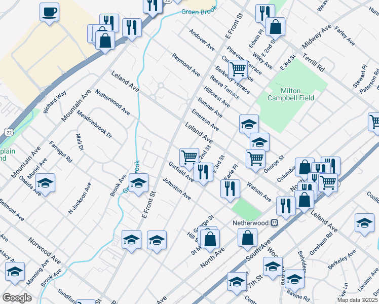 map of restaurants, bars, coffee shops, grocery stores, and more near 135 Netherwood Avenue in Plainfield