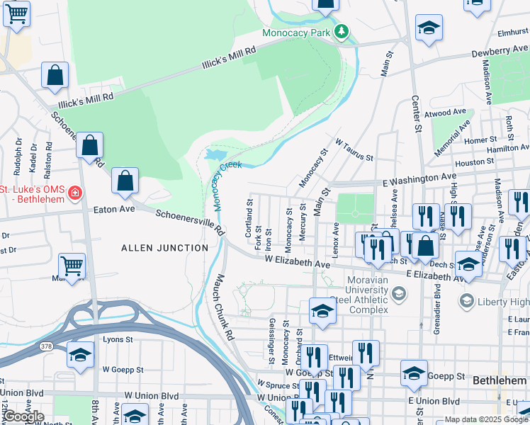 map of restaurants, bars, coffee shops, grocery stores, and more near 1451 Iron Street in Bethlehem