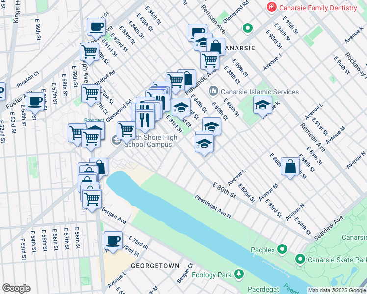 map of restaurants, bars, coffee shops, grocery stores, and more near 1017 East 80th Street in Brooklyn