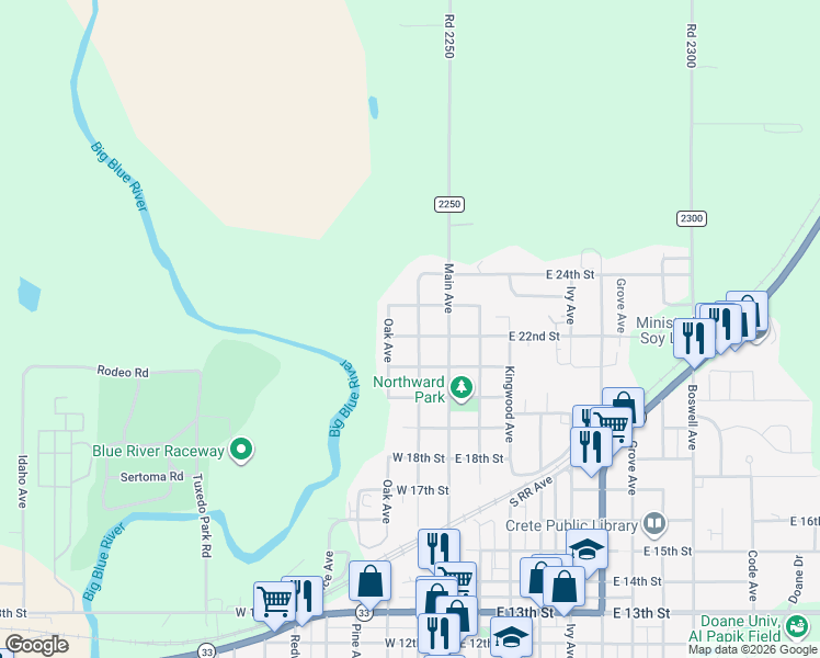map of restaurants, bars, coffee shops, grocery stores, and more near 2209 Norman Avenue in Crete