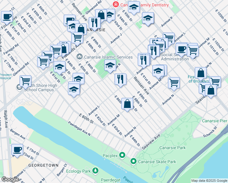 map of restaurants, bars, coffee shops, grocery stores, and more near 1183 East 86th Street in Brooklyn