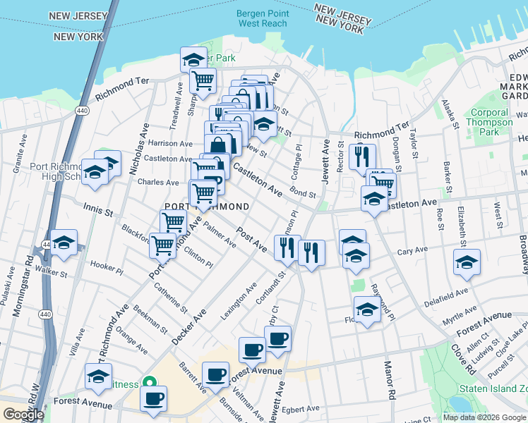 map of restaurants, bars, coffee shops, grocery stores, and more near 31 Albion Place in Staten Island