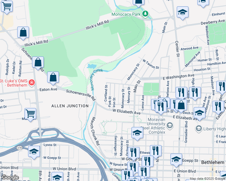map of restaurants, bars, coffee shops, grocery stores, and more near 1451 Iron Street in Bethlehem