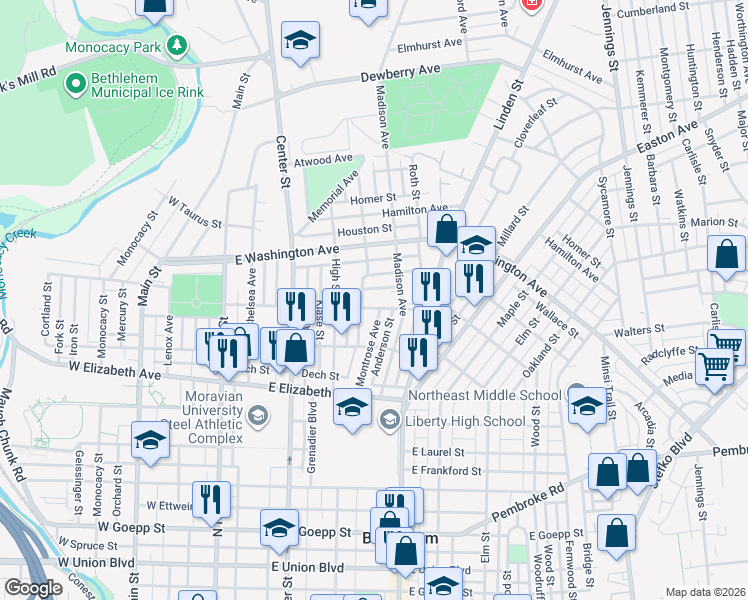map of restaurants, bars, coffee shops, grocery stores, and more near 1434 Stehr Street in Bethlehem